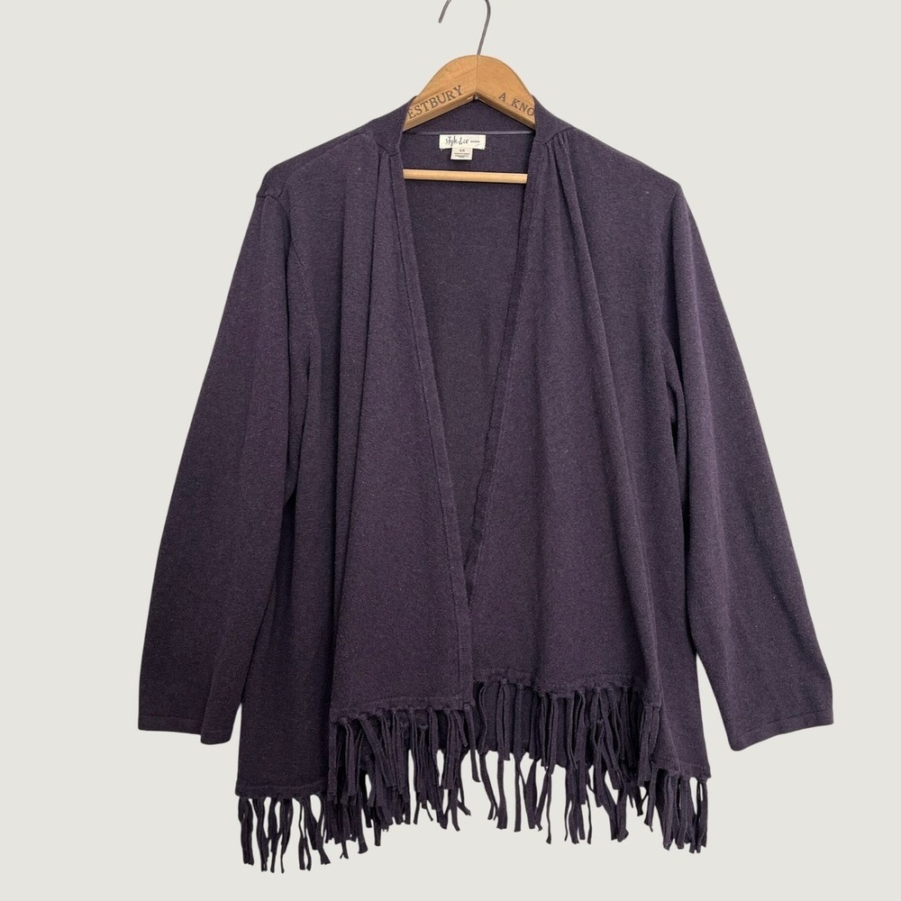 Style & Co Woman Purple Fringe Open Front Cardigan Sweater Plus Size 1X Plum